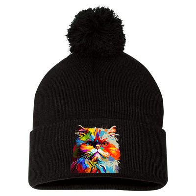 Persian Cat Lovers Colorful Pop Art Persian Cat Pom Pom 12in Knit Beanie