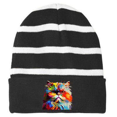 Persian Cat Lovers Colorful Pop Art Persian Cat Striped Beanie with Solid Band