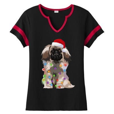 Pekingese Christmas Lights Xmas Dog Lover Santa Hat Funny Gift Ladies Halftime Notch Neck Tee