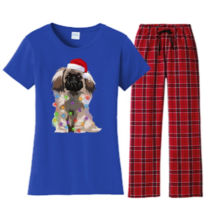 Pekingese Christmas Lights Xmas Dog Lover Santa Hat Funny Gift Women's Flannel Pajama Set