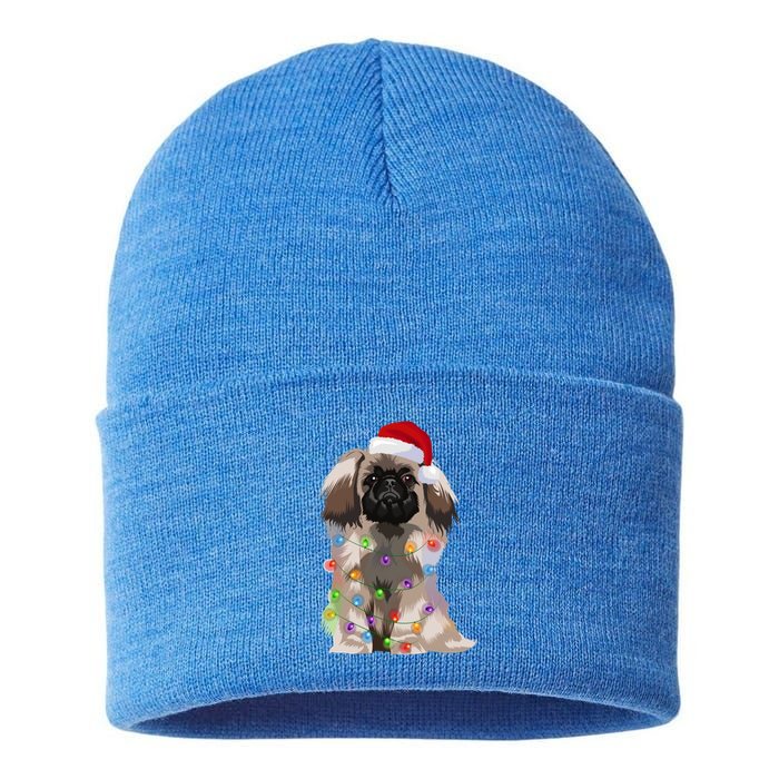 Pekingese Christmas Lights Xmas Dog Lover Santa Hat Funny Gift Sustainable Knit Beanie