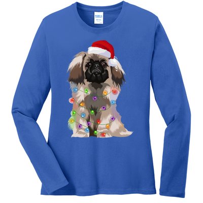 Pekingese Christmas Lights Xmas Dog Lover Santa Hat Funny Gift Ladies Long Sleeve Shirt