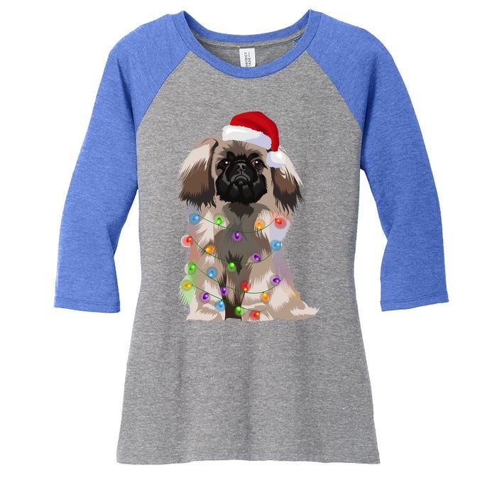 Pekingese Christmas Lights Xmas Dog Lover Santa Hat Funny Gift Women's Tri-Blend 3/4-Sleeve Raglan Shirt