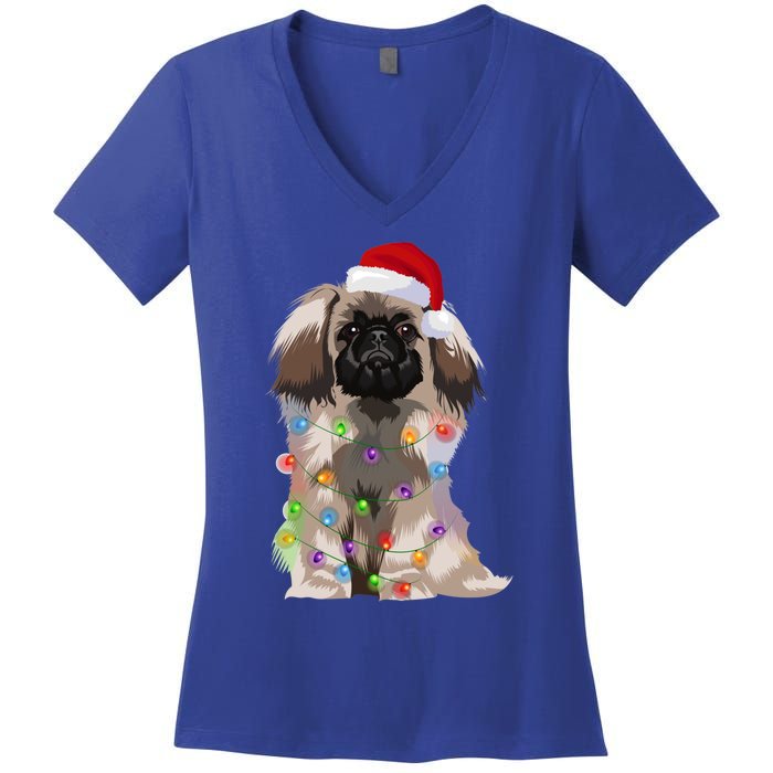 Pekingese Christmas Lights Xmas Dog Lover Santa Hat Funny Gift Women's V-Neck T-Shirt