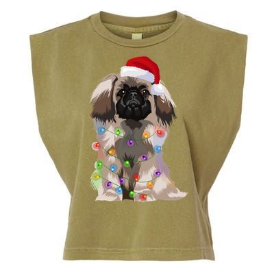 Pekingese Christmas Lights Xmas Dog Lover Santa Hat Funny Gift Garment-Dyed Women's Muscle Tee