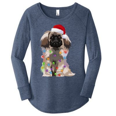 Pekingese Christmas Lights Xmas Dog Lover Santa Hat Funny Gift Women's Perfect Tri Tunic Long Sleeve Shirt