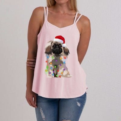 Pekingese Christmas Lights Xmas Dog Lover Santa Hat Funny Gift Women's Strappy Tank