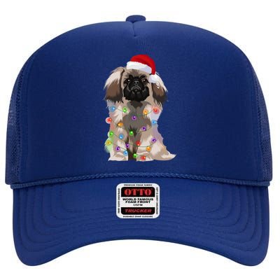 Pekingese Christmas Lights Xmas Dog Lover Santa Hat Funny Gift High Crown Mesh Back Trucker Hat