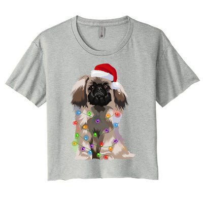 Pekingese Christmas Lights Xmas Dog Lover Santa Hat Funny Gift Women's Crop Top Tee