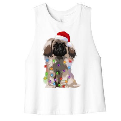 Pekingese Christmas Lights Xmas Dog Lover Santa Hat Funny Gift Women's Racerback Cropped Tank