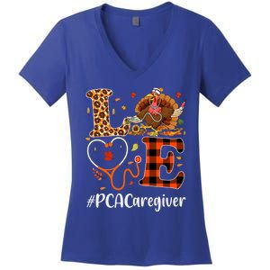 Pca Caregiver Love Thanksgiving Leopard Stethoscope Turkey Gift Women's V-Neck T-Shirt