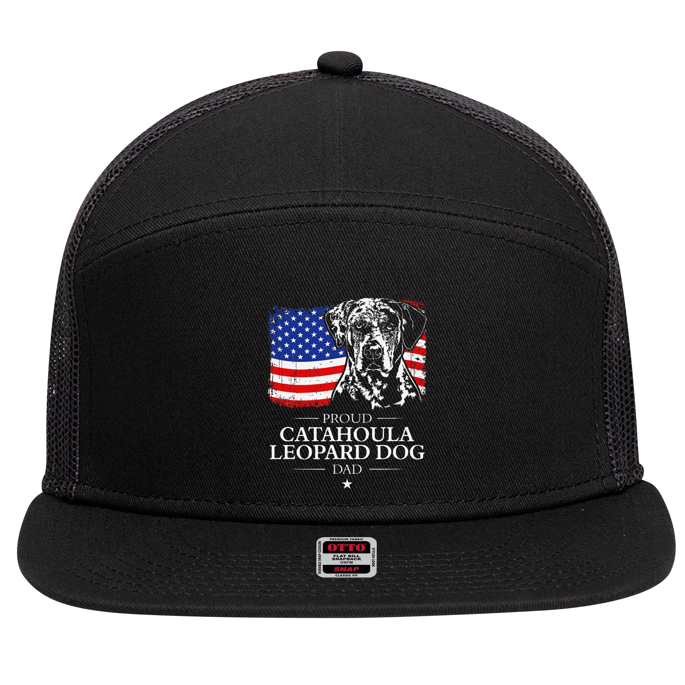 Proud Catahoula Leopard Dog Dad American Flag Patriotic Dog 7 Panel Mesh Trucker Snapback Hat