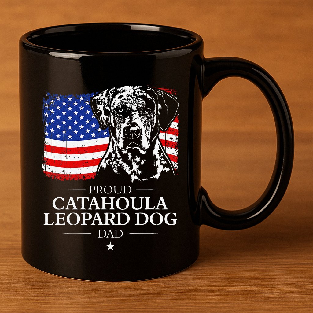 Proud Catahoula Leopard Dog Dad American Flag Patriotic Dog 11oz C Handle Ceramic Mug
