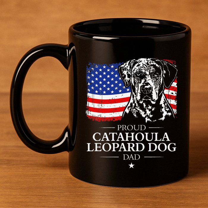 Proud Catahoula Leopard Dog Dad American Flag Patriotic Dog 11oz C Handle Ceramic Mug