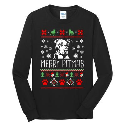 Pitbull Christmas Lovers Merry Pitmas Ugly Christmas Sweatshirt Tall Long Sleeve T-Shirt