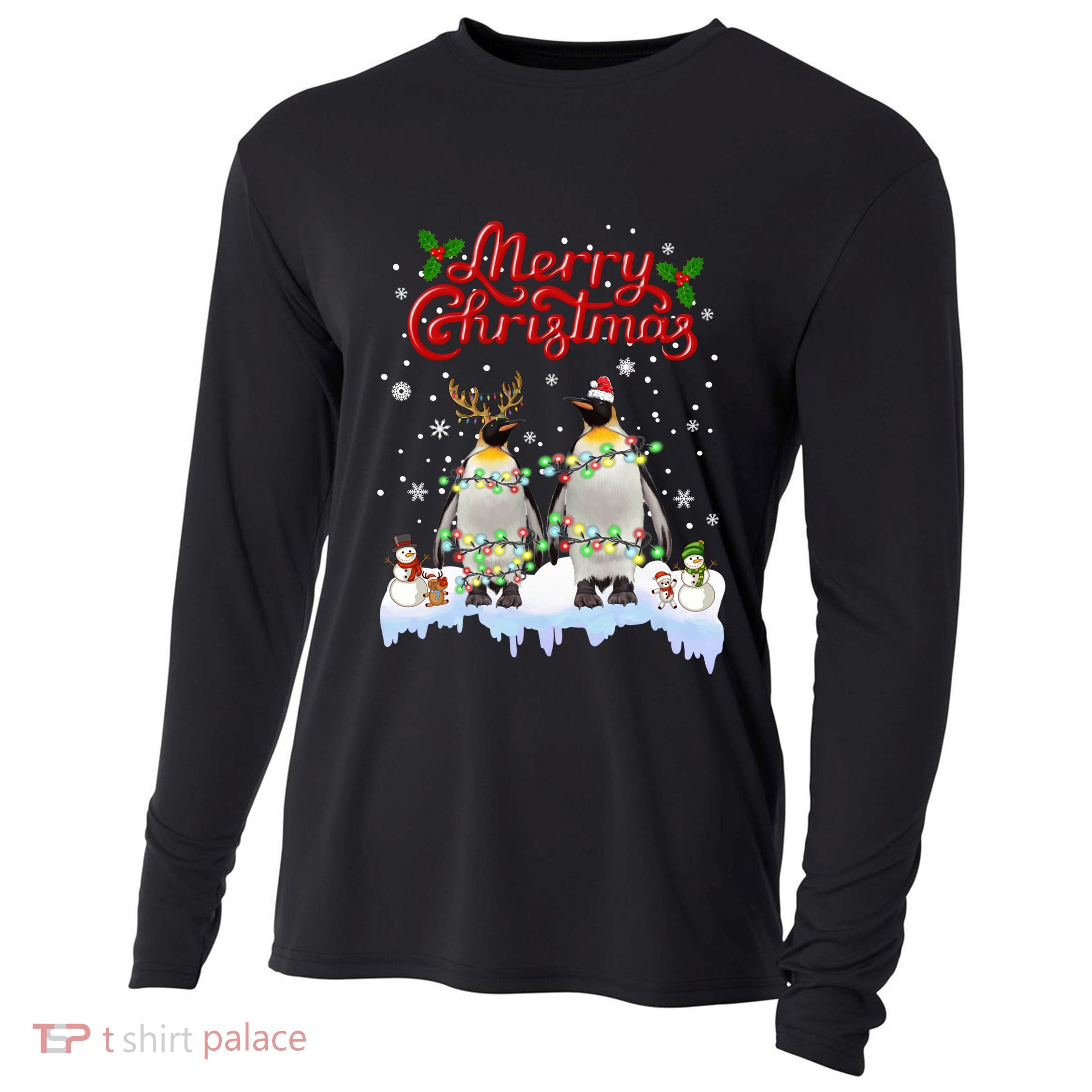 Penguins Christmas Lights Matching Family Xmas Animals Gift Cooling Performance Long Sleeve Crew
