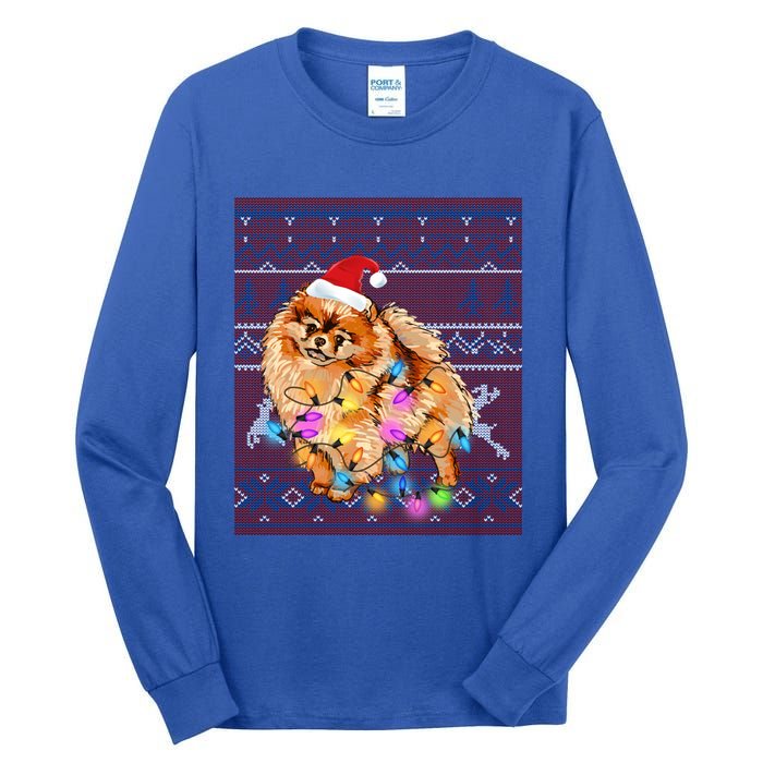 Pomeranian Christmas Lights Ugly Sweater Pomeranian Lover Gift Tall Long Sleeve T-Shirt