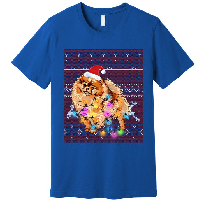 Pomeranian Christmas Lights Ugly Sweater Pomeranian Lover Gift Premium T-Shirt