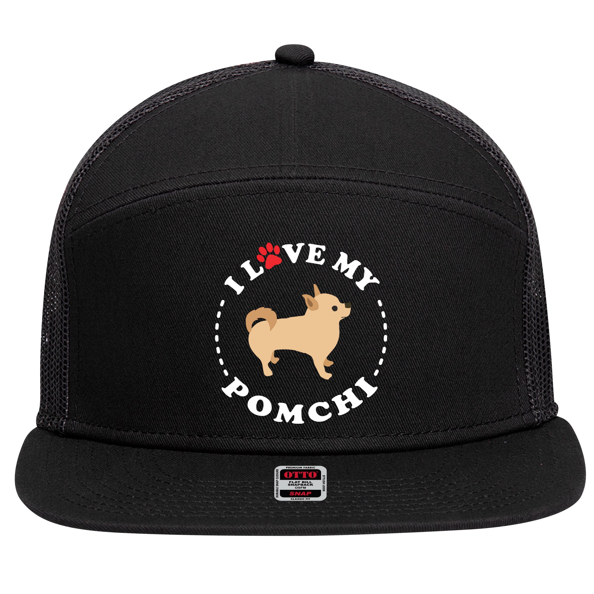 Pomeranian Chihuahua Mix Breed Dog Happy Pomchi Dog 7 Panel Mesh Trucker Snapback Hat