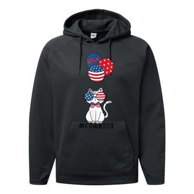 Patriotic Cat Meowica 4th of July Funny Kitten Lover Performance Fleece Hoodie