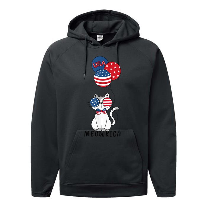 Patriotic Cat Meowica 4th of July Funny Kitten Lover Performance Fleece Hoodie