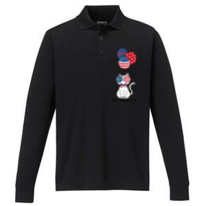 Patriotic Cat Meowica 4th of July Funny Kitten Lover Performance Long Sleeve Polo