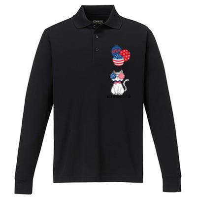 Patriotic Cat Meowica 4th of July Funny Kitten Lover Performance Long Sleeve Polo