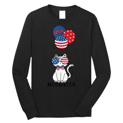 Patriotic Cat Meowica 4th of July Funny Kitten Lover Long Sleeve Shirt