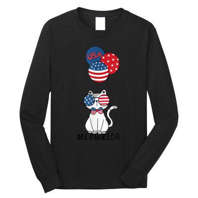 Patriotic Cat Meowica 4th of July Funny Kitten Lover Long Sleeve Shirt