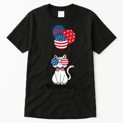 Patriotic Cat Meowica 4th of July Funny Kitten Lover Tall T-Shirt