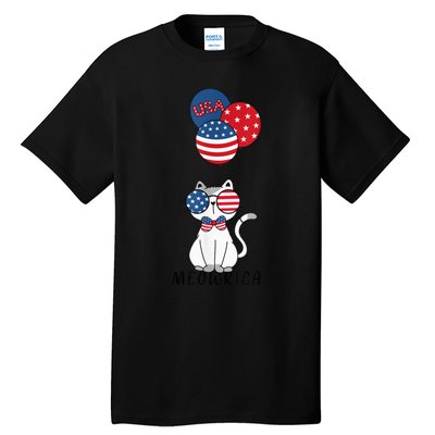 Patriotic Cat Meowica 4th of July Funny Kitten Lover Tall T-Shirt