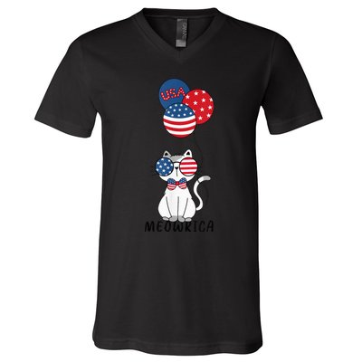 Patriotic Cat Meowica 4th of July Funny Kitten Lover V-Neck T-Shirt