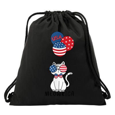 Patriotic Cat Meowica 4th of July Funny Kitten Lover Drawstring Bag