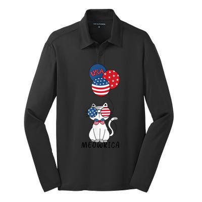 Patriotic Cat Meowica 4th of July Funny Kitten Lover Silk Touch Performance Long Sleeve Polo