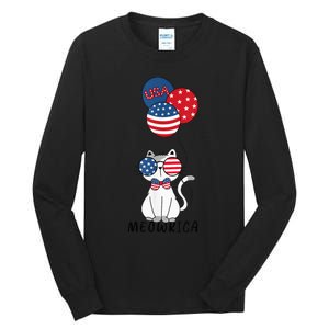 Patriotic Cat Meowica 4th of July Funny Kitten Lover Tall Long Sleeve T-Shirt