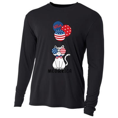 Patriotic Cat Meowica 4th of July Funny Kitten Lover Cooling Performance Long Sleeve Crew