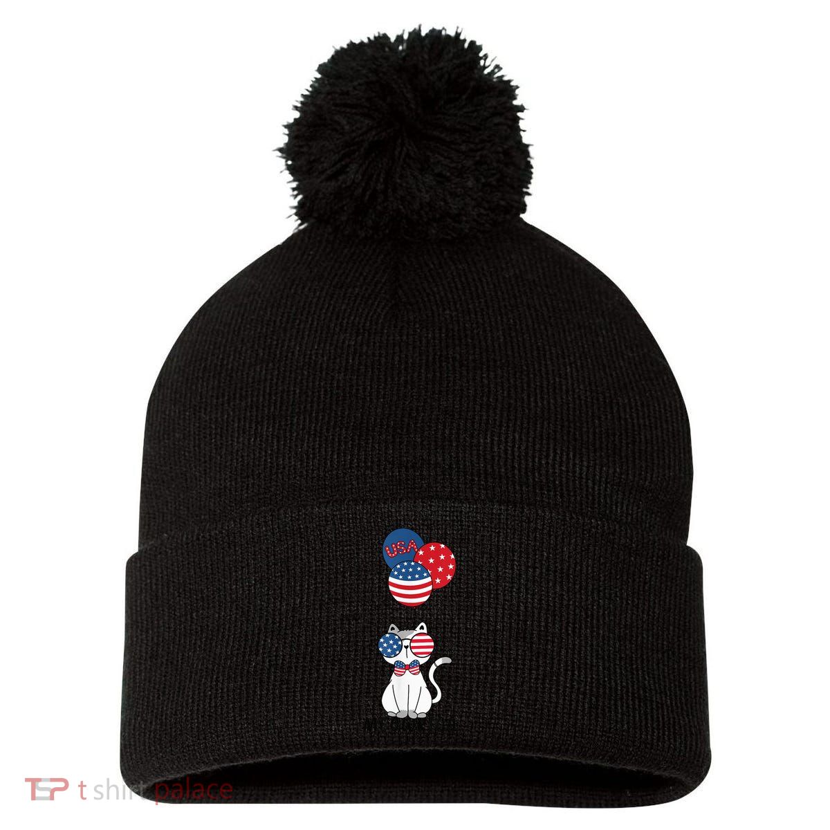 Patriotic Cat Meowica 4th of July Funny Kitten Lover Pom Pom 12in Knit Beanie