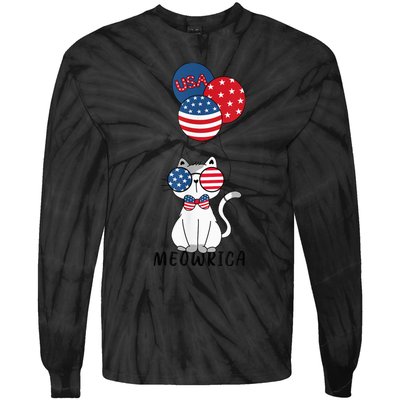 Patriotic Cat Meowica 4th of July Funny Kitten Lover Tie-Dye Long Sleeve Shirt