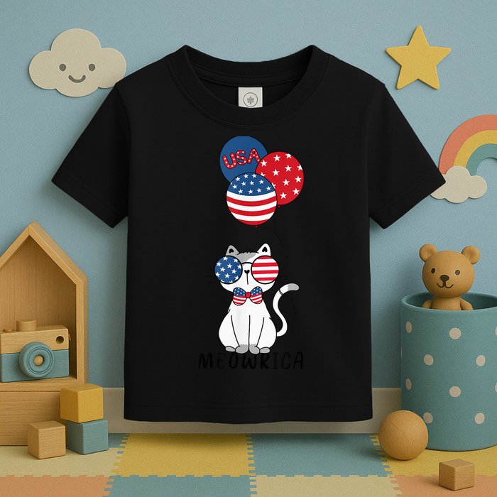 Patriotic Cat Meowica 4th of July Funny Kitten Lover Toddler T-Shirt