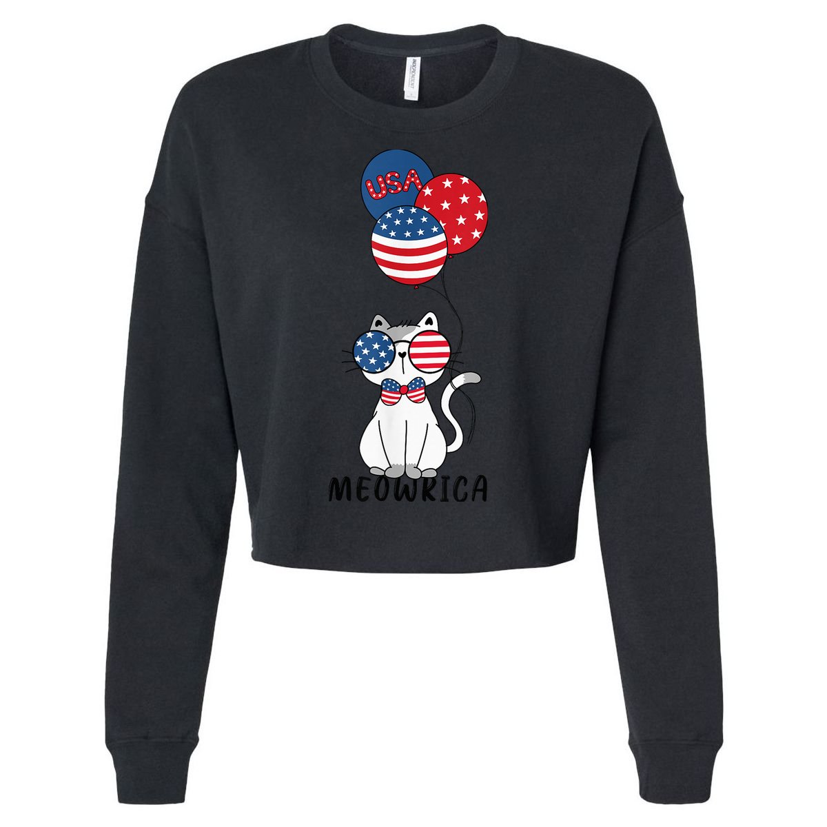 Patriotic Cat Meowica 4th of July Funny Kitten Lover Cropped Pullover Crew