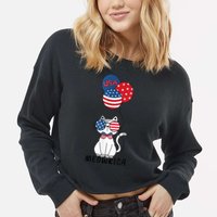 Patriotic Cat Meowica 4th of July Funny Kitten Lover Cropped Pullover Crew