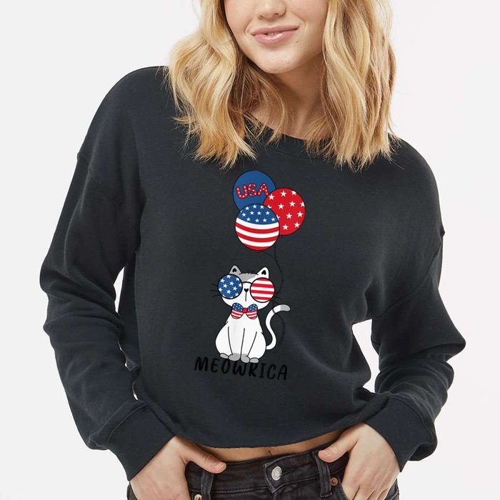 Patriotic Cat Meowica 4th of July Funny Kitten Lover Cropped Pullover Crew