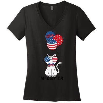Patriotic Cat Meowica 4th of July Funny Kitten Lover Women's V-Neck T-Shirt