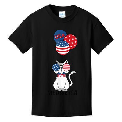 Patriotic Cat Meowica 4th of July Funny Kitten Lover Kids T-Shirt
