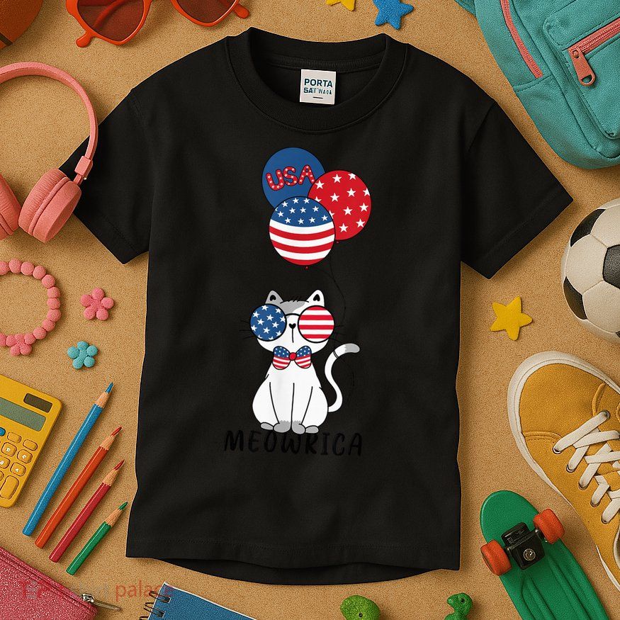 Patriotic Cat Meowica 4th of July Funny Kitten Lover Kids T-Shirt