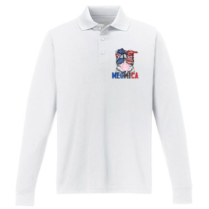 Patriotic Cat Meowica Bubblegum 4th Of July Funny Cat Lover Performance Long Sleeve Polo