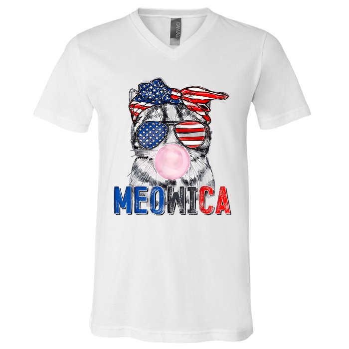 Patriotic Cat Meowica Bubblegum 4th Of July Funny Cat Lover V-Neck T-Shirt