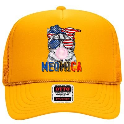 Patriotic Cat Meowica Bubblegum 4th Of July Funny Cat Lover High Crown Mesh Back Trucker Hat