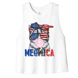 Patriotic Cat Meowica Bubblegum 4th Of July Funny Cat Lover Women's Racerback Cropped Tank