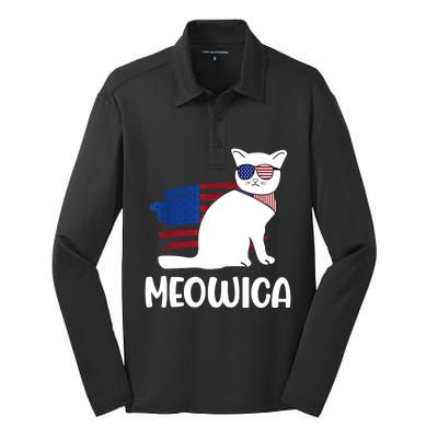 Patriotic Cat Meowica 4th Of July Funny Kitten Lover Silk Touch Performance Long Sleeve Polo